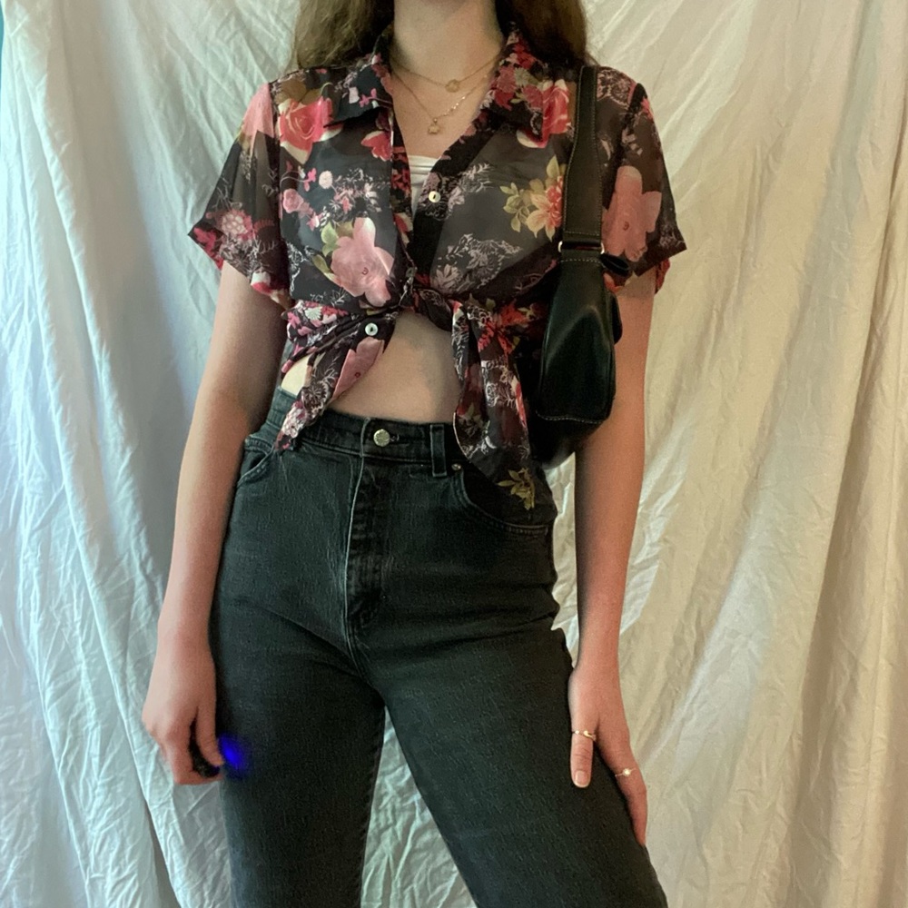 sheer floral pink and black button up top size medium shirt vintage Joanna piete